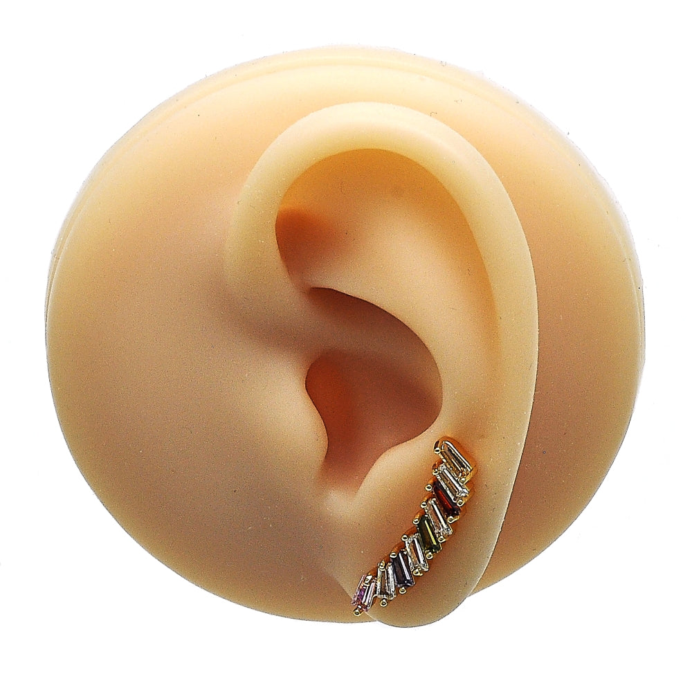Oro Laminado Earcuff, Gold Filled Style Baguette Design, with Multicolor Cubic Zirconia, Polished, Golden Finish