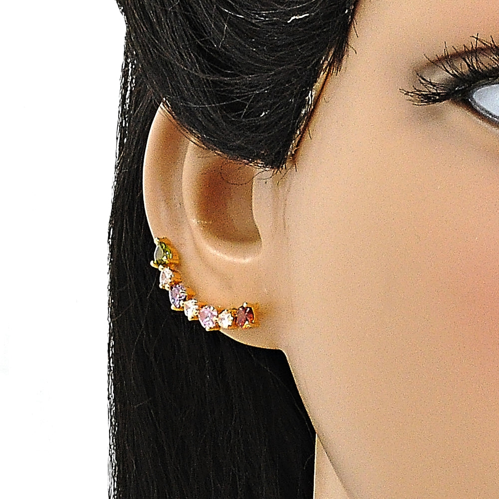 Oro Laminado Earcuff, Gold Filled Style Heart Design, with Multicolor Cubic Zirconia, Polished, Golden Finish