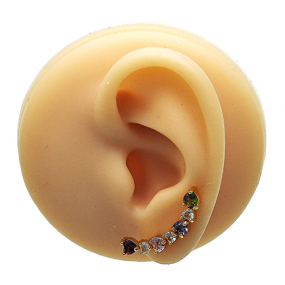 Oro Laminado Earcuff, Gold Filled Style Heart Design, with Multicolor Cubic Zirconia, Polished, Golden Finish