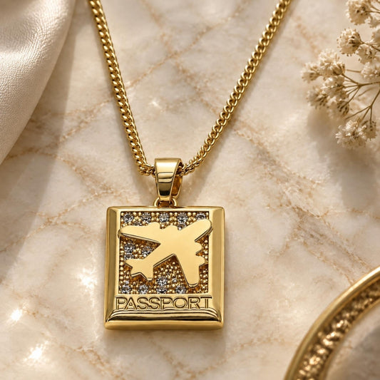 Oro Laminado Pendant Necklace, Gold Filled Style Airplane Design, with White Micro Pave, Polished, Golden Finish
