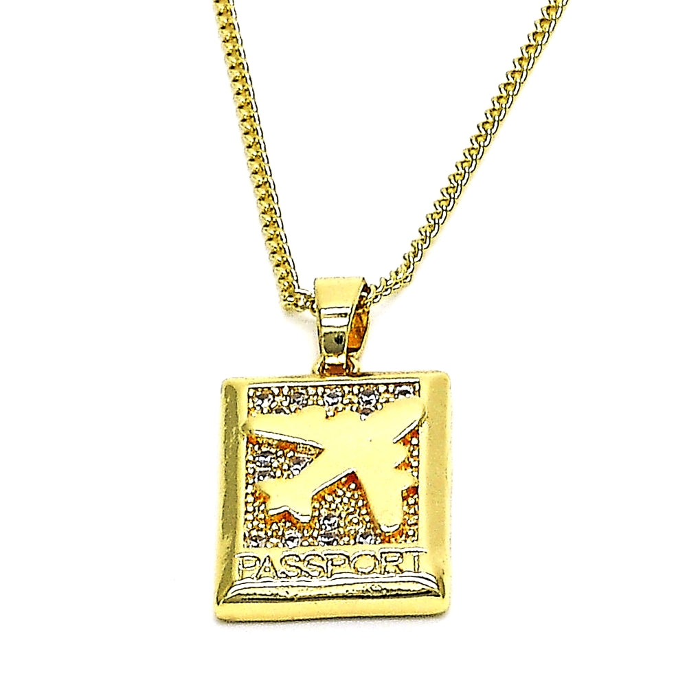 Oro Laminado Pendant Necklace, Gold Filled Style Airplane Design, with White Micro Pave, Polished, Golden Finish
