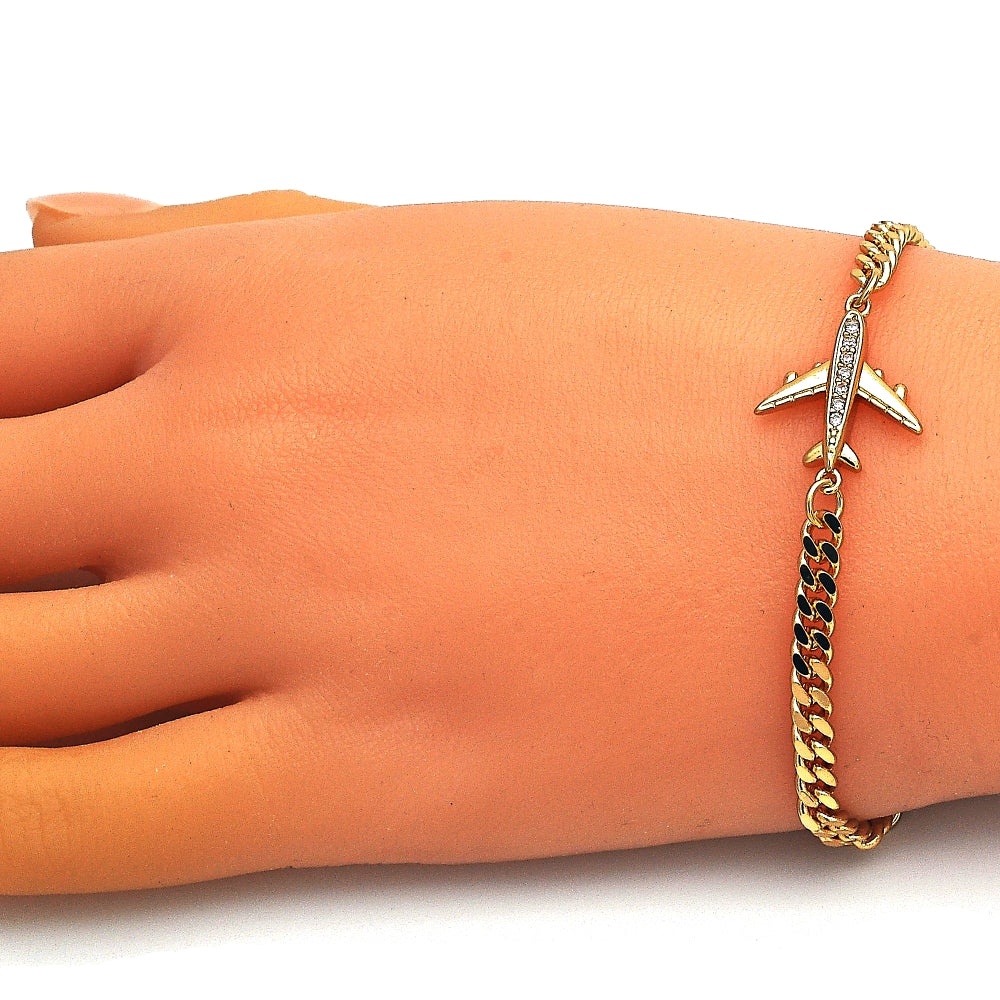 Oro Laminado Fancy Bracelet, Gold Filled Style Airplane Design, with White Micro Pave, Polished, Golden Finish