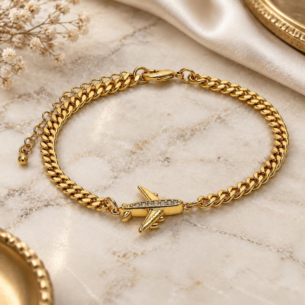Oro Laminado Fancy Bracelet, Gold Filled Style Airplane Design, with White Micro Pave, Polished, Golden Finish