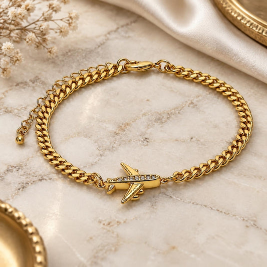 Oro Laminado Fancy Bracelet, Gold Filled Style Airplane Design, with White Micro Pave, Polished, Golden Finish