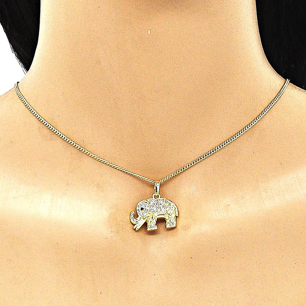Oro Laminado Earring and Pendant Adult Set, Gold Filled Style Elephant Design, with White and Black Micro Pave, Polished, Golden Finish