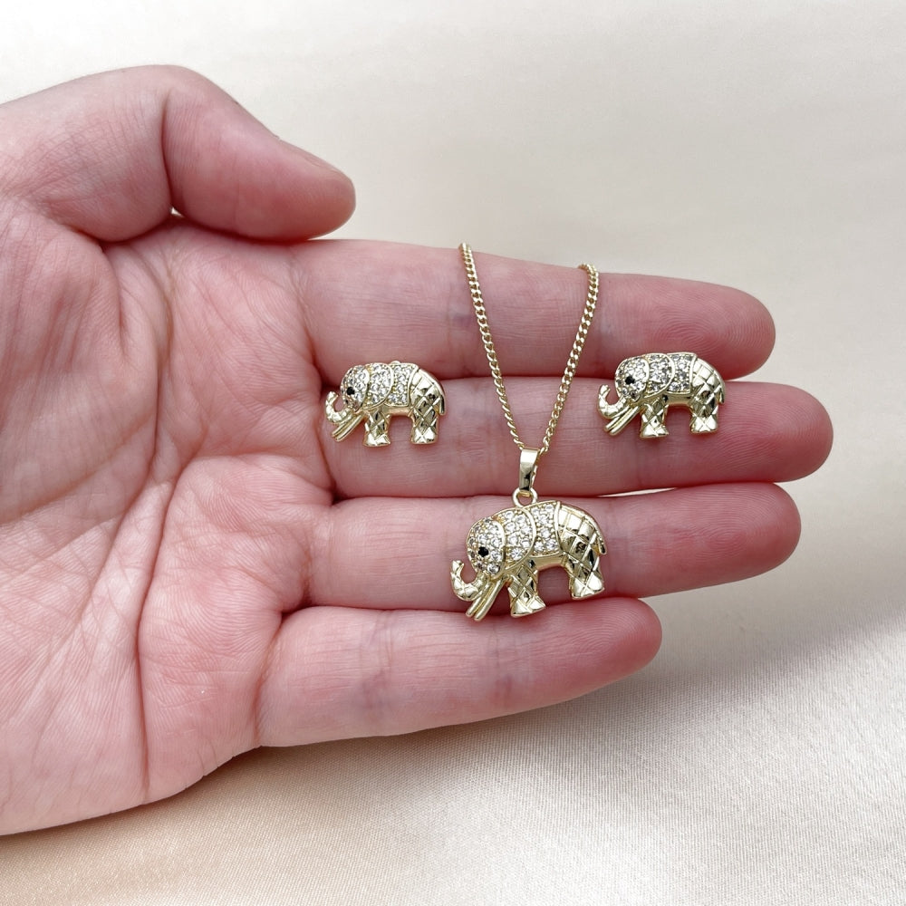 Oro Laminado Earring and Pendant Adult Set, Gold Filled Style Elephant Design, with White and Black Micro Pave, Polished, Golden Finish