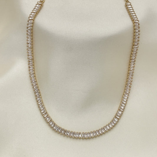 Oro Laminado Fancy Necklace, Gold Filled Style Baguette Design, with White Cubic Zirconia, Polished, Golden Finish