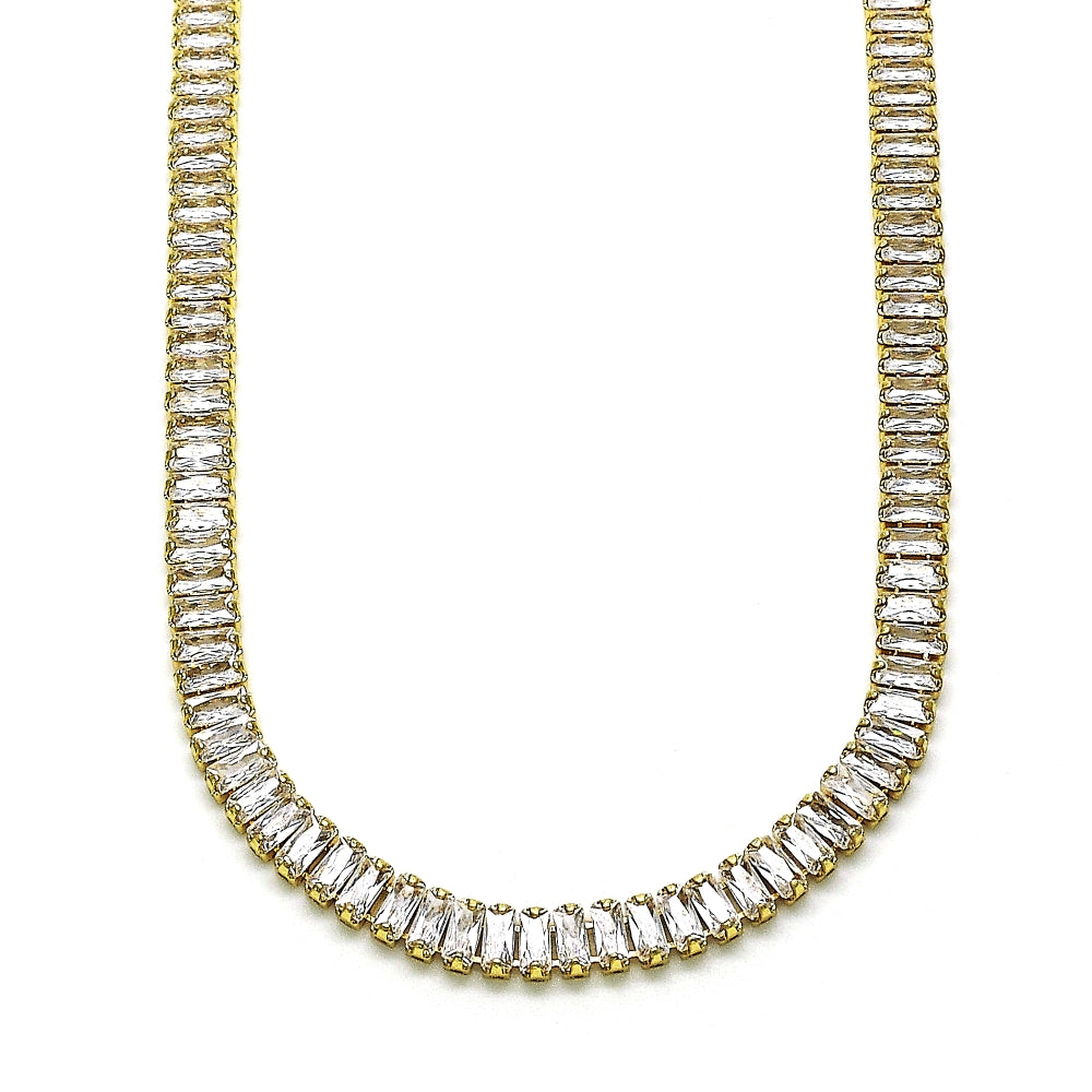 Oro Laminado Fancy Necklace, Gold Filled Style Baguette Design, with White Cubic Zirconia, Polished, Golden Finish