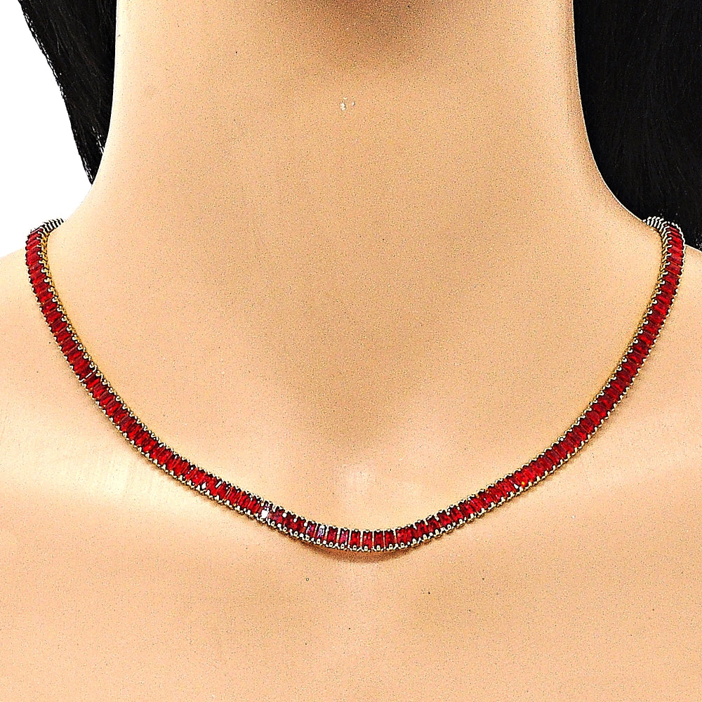 Oro Laminado Fancy Necklace, Gold Filled Style Baguette Design, with Garnet Cubic Zirconia, Polished, Golden Finish