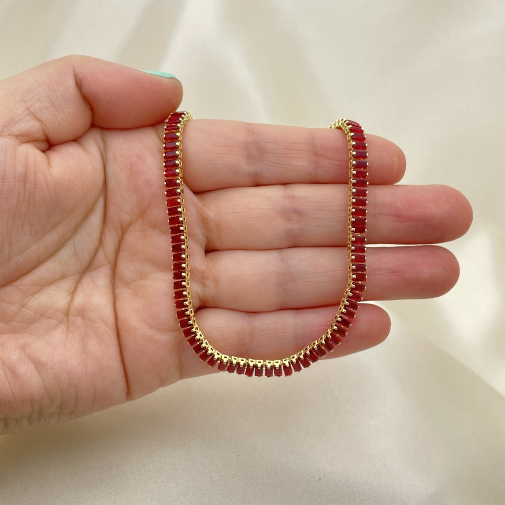 Oro Laminado Fancy Necklace, Gold Filled Style Baguette Design, with Garnet Cubic Zirconia, Polished, Golden Finish