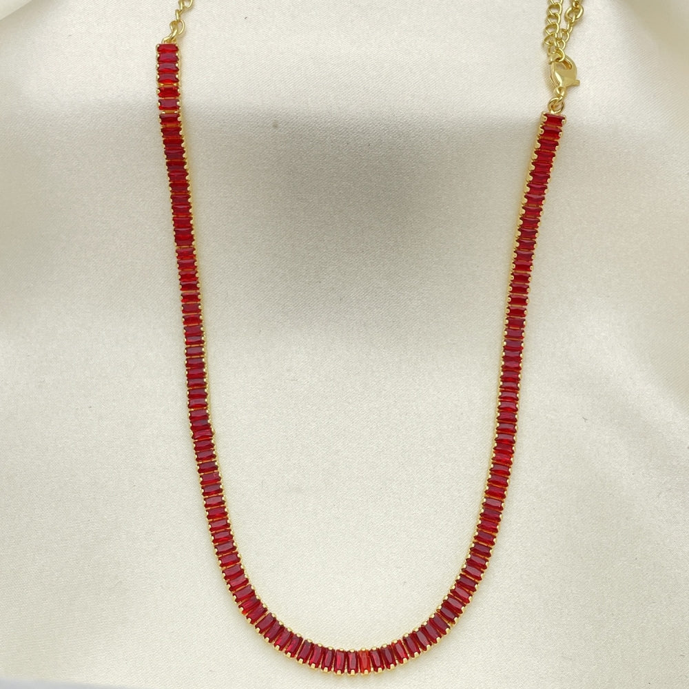 Oro Laminado Fancy Necklace, Gold Filled Style Baguette Design, with Garnet Cubic Zirconia, Polished, Golden Finish