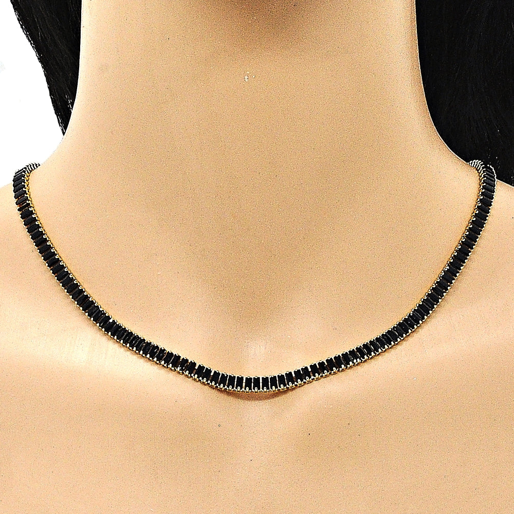 Oro Laminado Fancy Necklace, Gold Filled Style Baguette Design, with Black Cubic Zirconia, Polished, Golden Finish