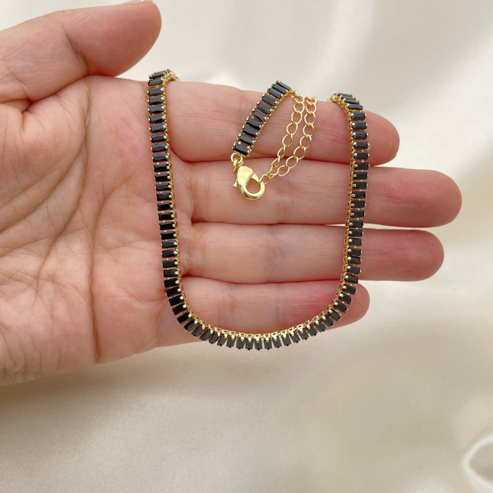 Oro Laminado Fancy Necklace, Gold Filled Style Baguette Design, with Black Cubic Zirconia, Polished, Golden Finish