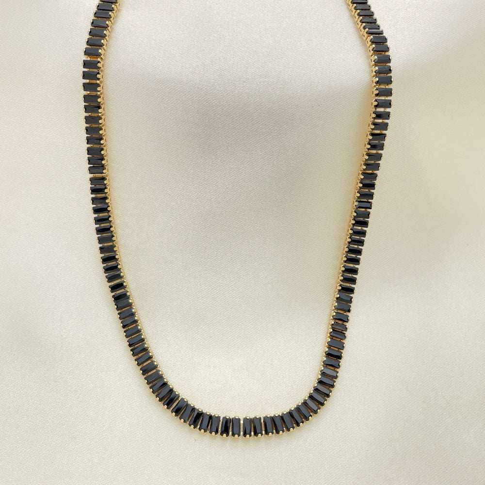 Oro Laminado Fancy Necklace, Gold Filled Style Baguette Design, with Black Cubic Zirconia, Polished, Golden Finish