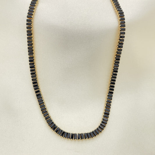 Oro Laminado Fancy Necklace, Gold Filled Style Baguette Design, with Black Cubic Zirconia, Polished, Golden Finish