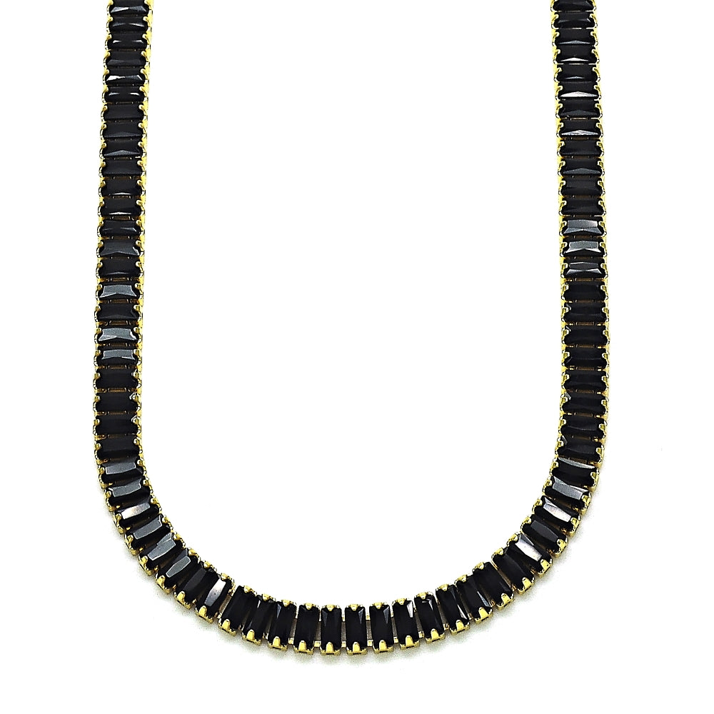 Oro Laminado Fancy Necklace, Gold Filled Style Baguette Design, with Black Cubic Zirconia, Polished, Golden Finish