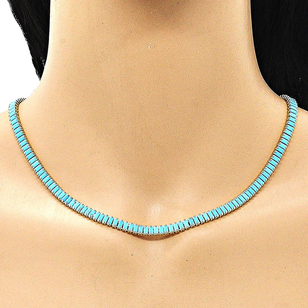 Oro Laminado Fancy Necklace, Gold Filled Style Baguette Design, with Turquoise Cubic Zirconia, Polished, Golden Finish