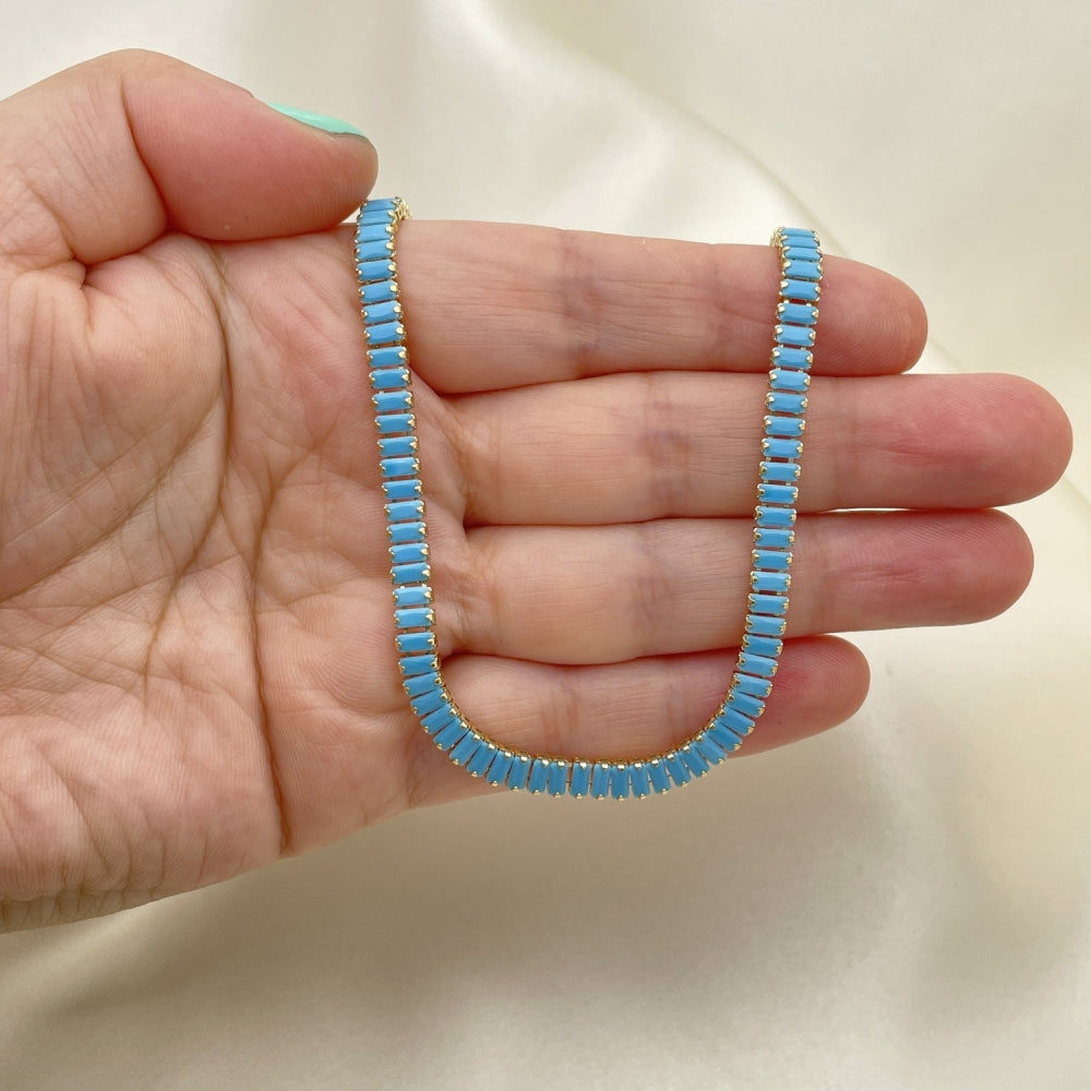 Oro Laminado Fancy Necklace, Gold Filled Style Baguette Design, with Turquoise Cubic Zirconia, Polished, Golden Finish