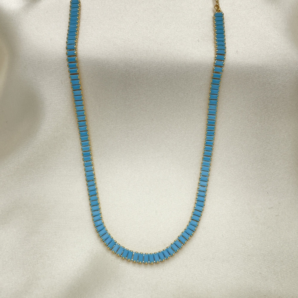 Oro Laminado Fancy Necklace, Gold Filled Style Baguette Design, with Turquoise Cubic Zirconia, Polished, Golden Finish
