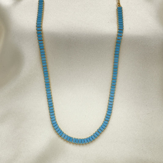 Oro Laminado Fancy Necklace, Gold Filled Style Baguette Design, with Turquoise Cubic Zirconia, Polished, Golden Finish