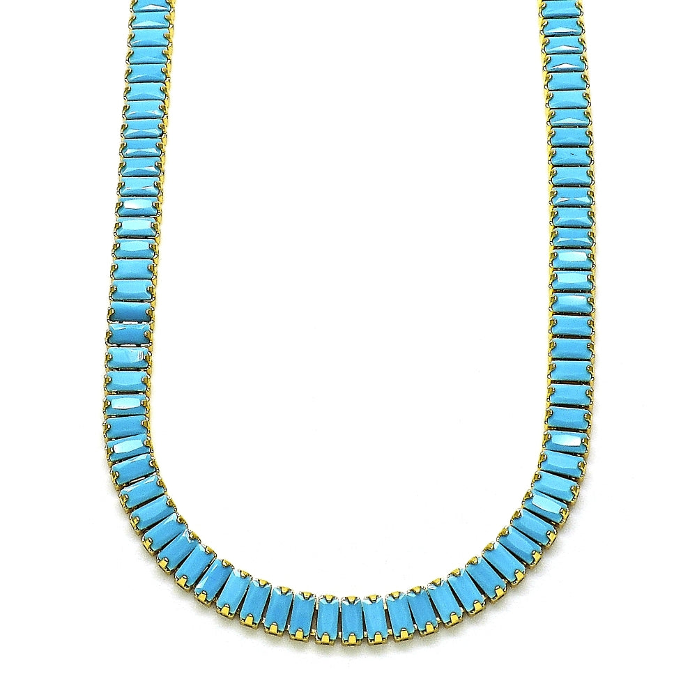 Oro Laminado Fancy Necklace, Gold Filled Style Baguette Design, with Turquoise Cubic Zirconia, Polished, Golden Finish