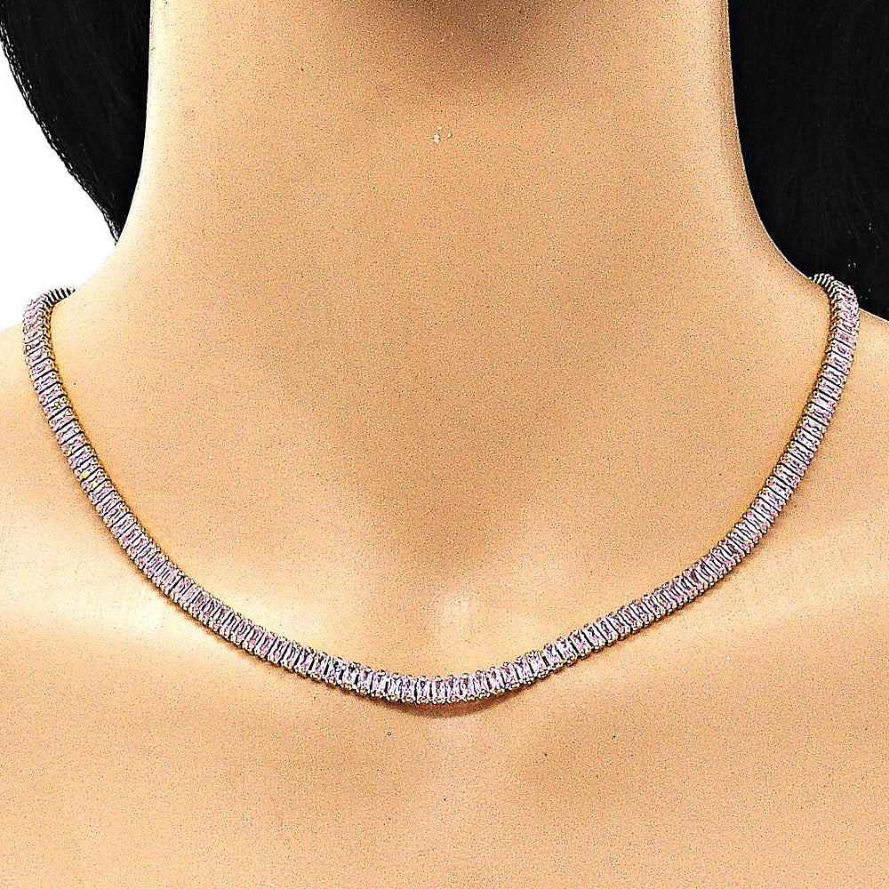Oro Laminado Fancy Necklace, Gold Filled Style Baguette Design, with Pink Cubic Zirconia, Polished, Golden Finish