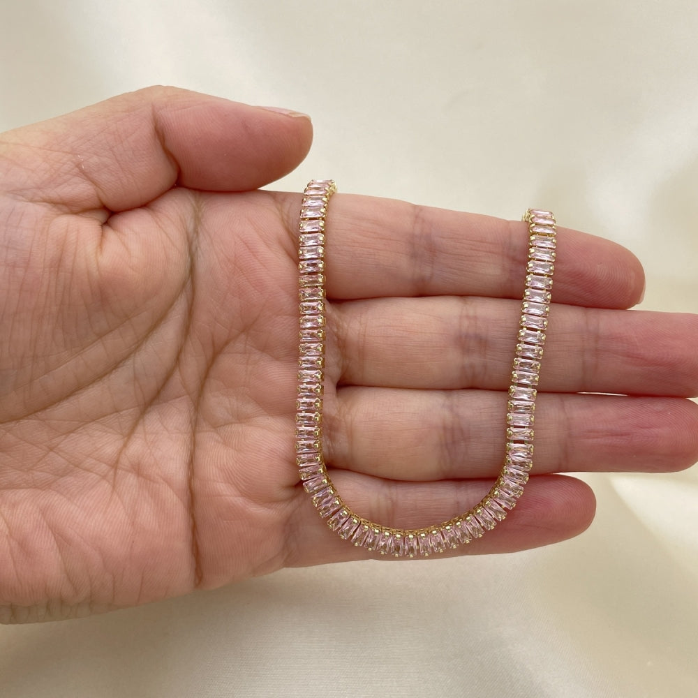 Oro Laminado Fancy Necklace, Gold Filled Style Baguette Design, with Pink Cubic Zirconia, Polished, Golden Finish