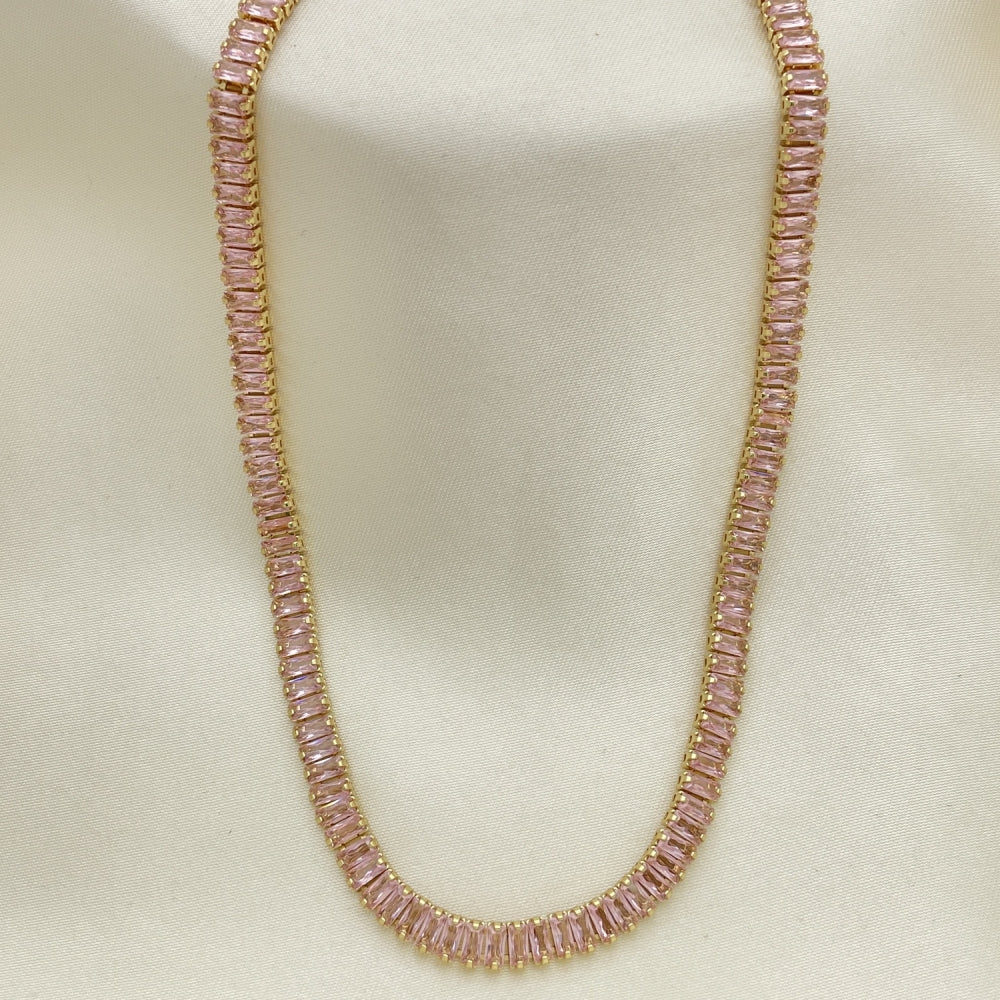 Oro Laminado Fancy Necklace, Gold Filled Style Baguette Design, with Pink Cubic Zirconia, Polished, Golden Finish