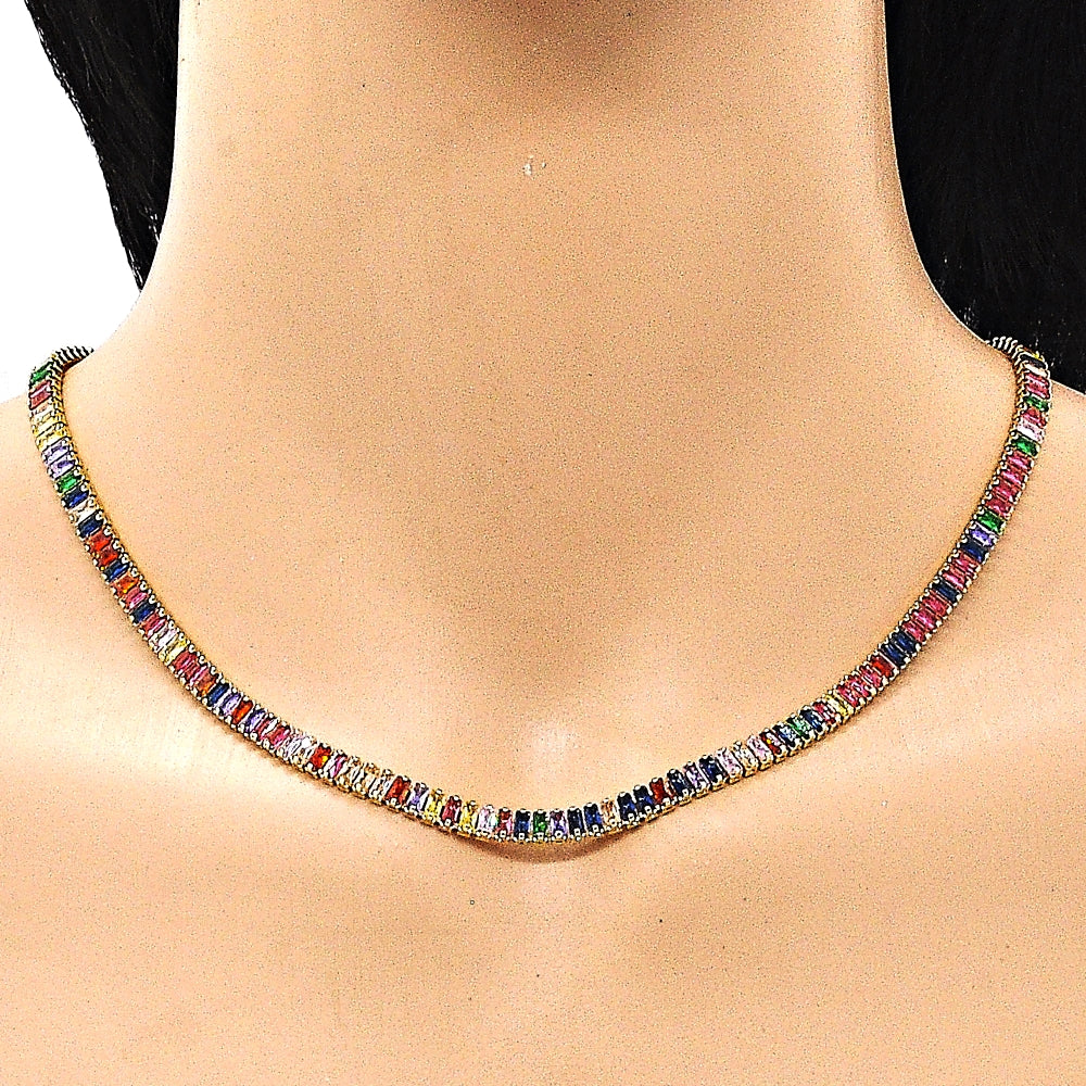 Oro Laminado Fancy Necklace, Gold Filled Style Baguette Design, with Multicolor Cubic Zirconia, Polished, Golden Finish