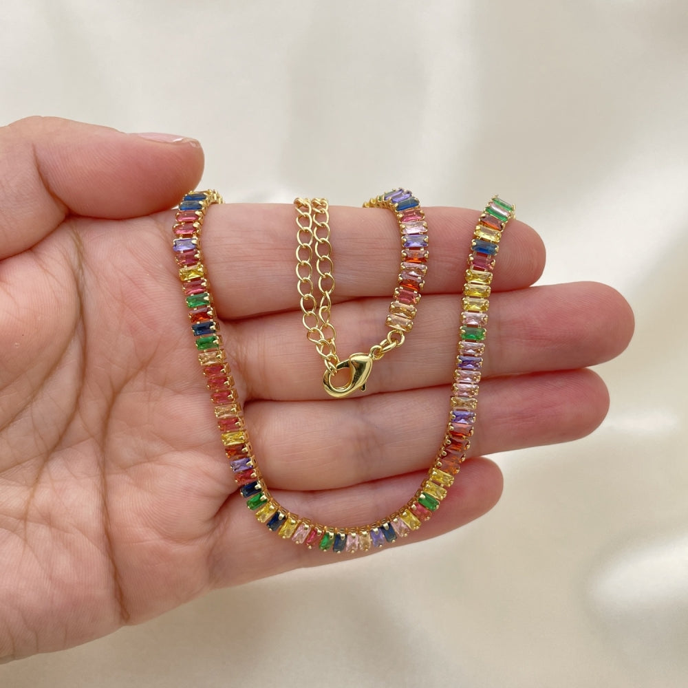 Oro Laminado Fancy Necklace, Gold Filled Style Baguette Design, with Multicolor Cubic Zirconia, Polished, Golden Finish