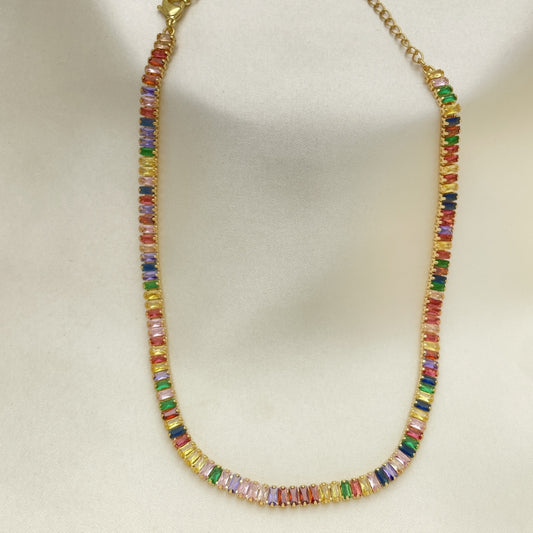 Oro Laminado Fancy Necklace, Gold Filled Style Baguette Design, with Multicolor Cubic Zirconia, Polished, Golden Finish