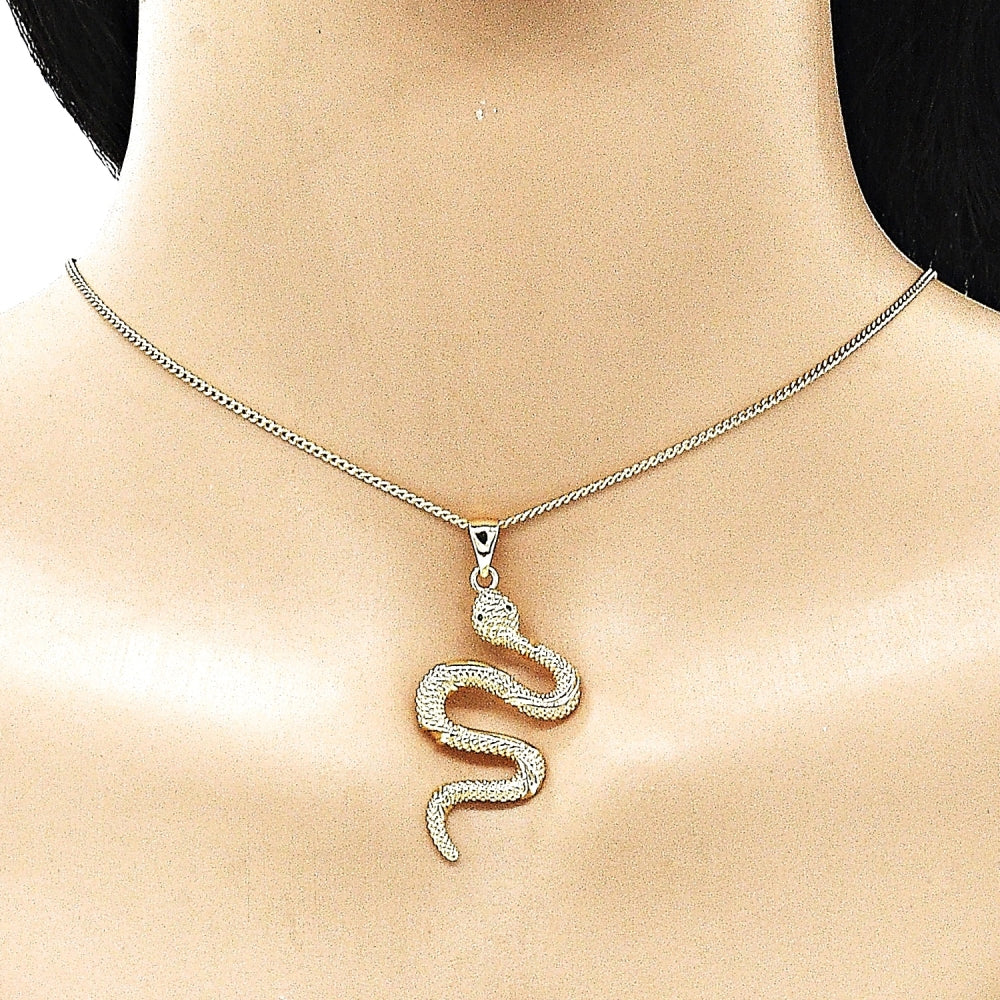 Oro Laminado Earring and Pendant Adult Set, Gold Filled Style Snake Design, with Green Micro Pave, Polished, Golden Finish