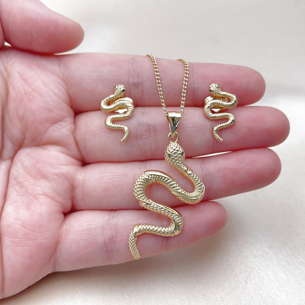 Oro Laminado Earring and Pendant Adult Set, Gold Filled Style Snake Design, with Green Micro Pave, Polished, Golden Finish