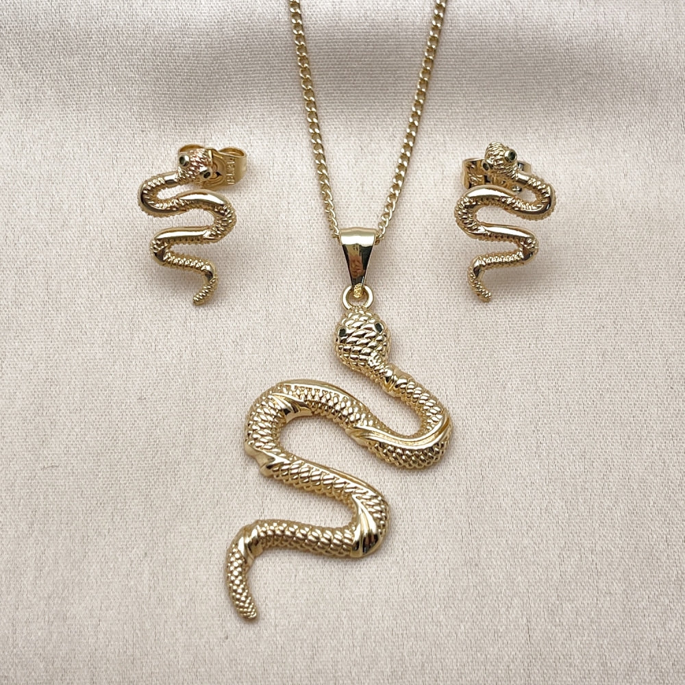Oro Laminado Earring and Pendant Adult Set, Gold Filled Style Snake Design, with Green Micro Pave, Polished, Golden Finish