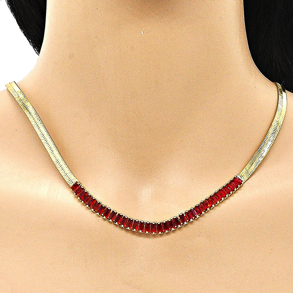 Oro Laminado Fancy Necklace, Gold Filled Style Baguette Design, with Garnet Cubic Zirconia, Polished, Golden Finish