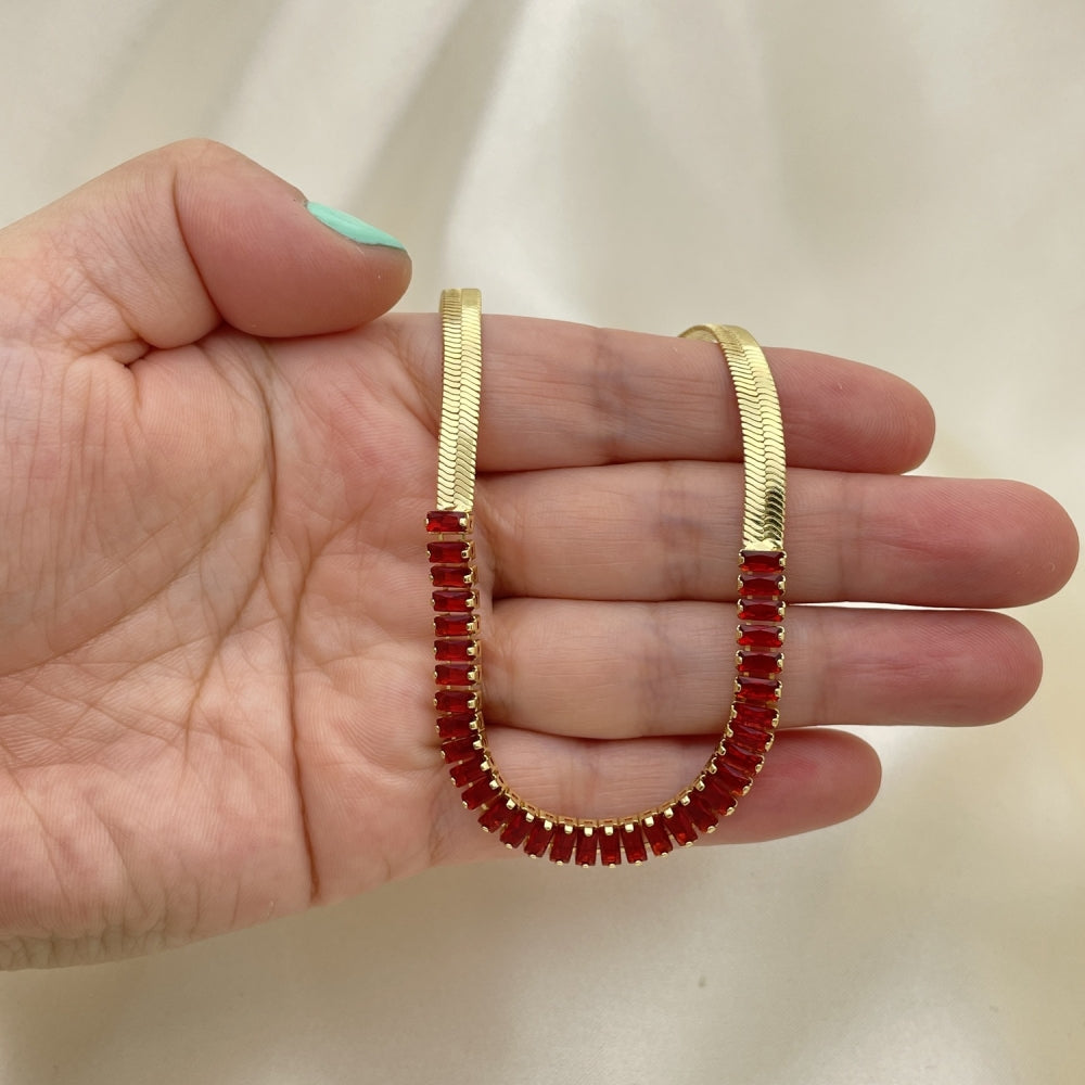 Oro Laminado Fancy Necklace, Gold Filled Style Baguette Design, with Garnet Cubic Zirconia, Polished, Golden Finish