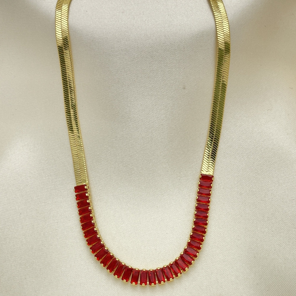 Oro Laminado Fancy Necklace, Gold Filled Style Baguette Design, with Garnet Cubic Zirconia, Polished, Golden Finish