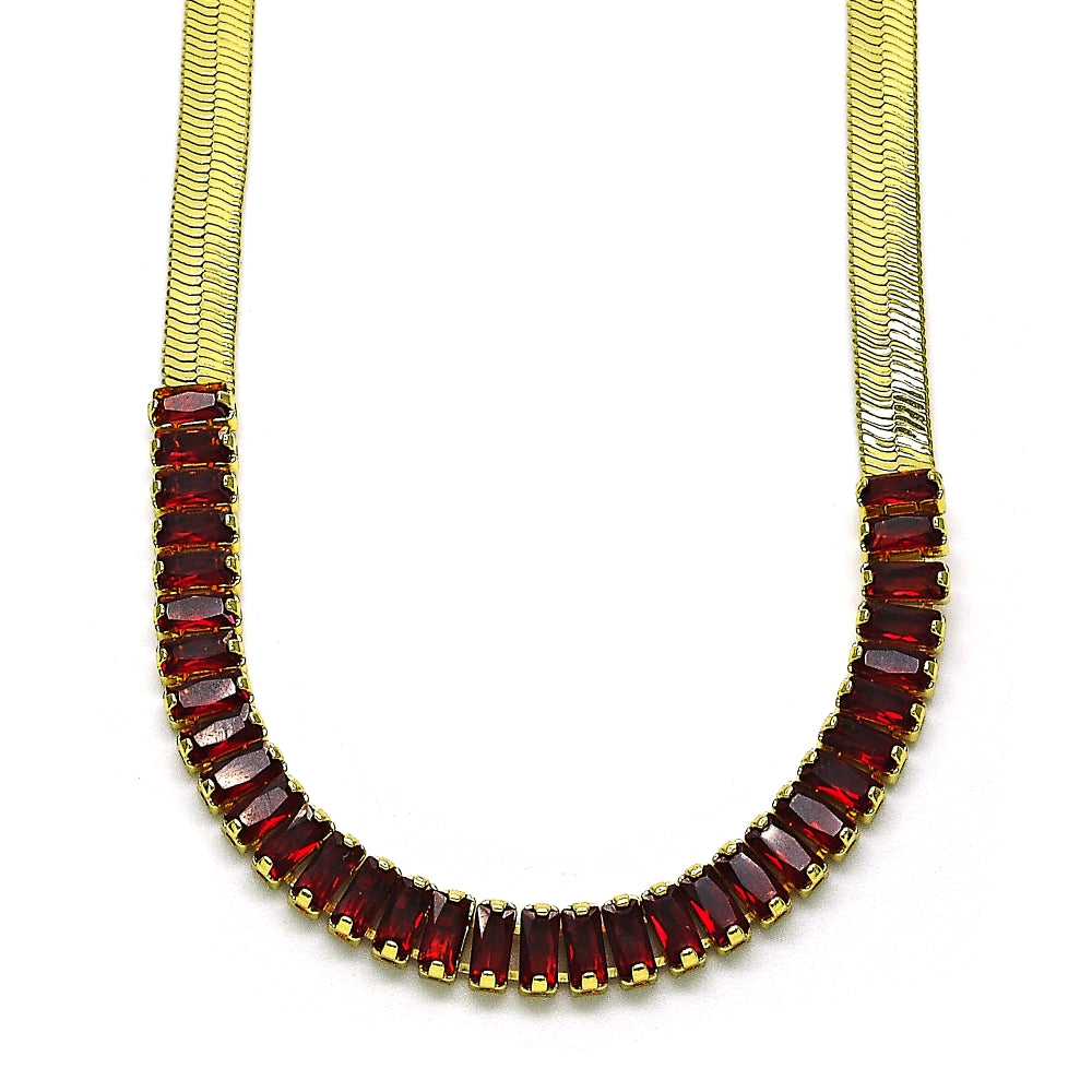 Oro Laminado Fancy Necklace, Gold Filled Style Baguette Design, with Garnet Cubic Zirconia, Polished, Golden Finish
