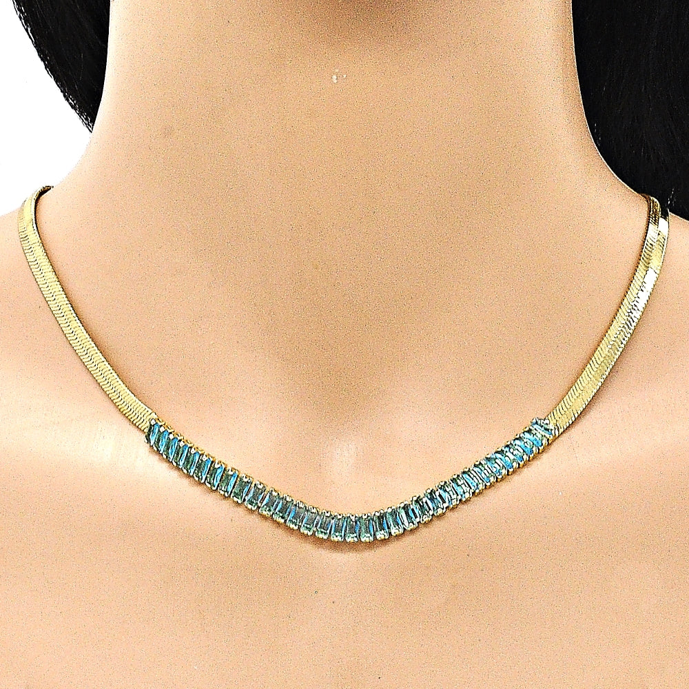 Oro Laminado Fancy Necklace, Gold Filled Style Baguette Design, with Aqua Blue Cubic Zirconia, Polished, Golden Finish