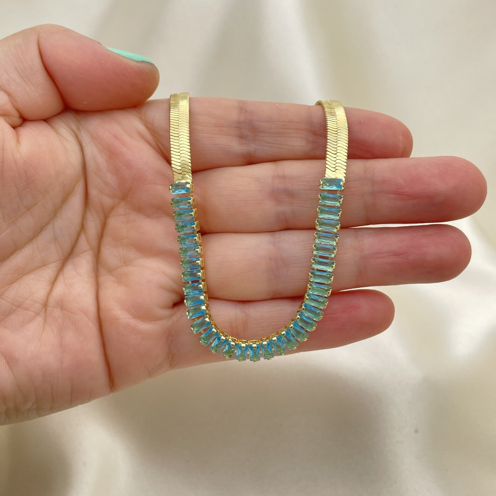 Oro Laminado Fancy Necklace, Gold Filled Style Baguette Design, with Aqua Blue Cubic Zirconia, Polished, Golden Finish