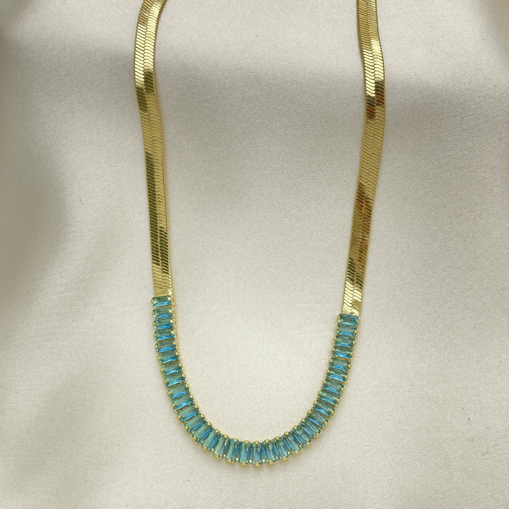 Oro Laminado Fancy Necklace, Gold Filled Style Baguette Design, with Aqua Blue Cubic Zirconia, Polished, Golden Finish
