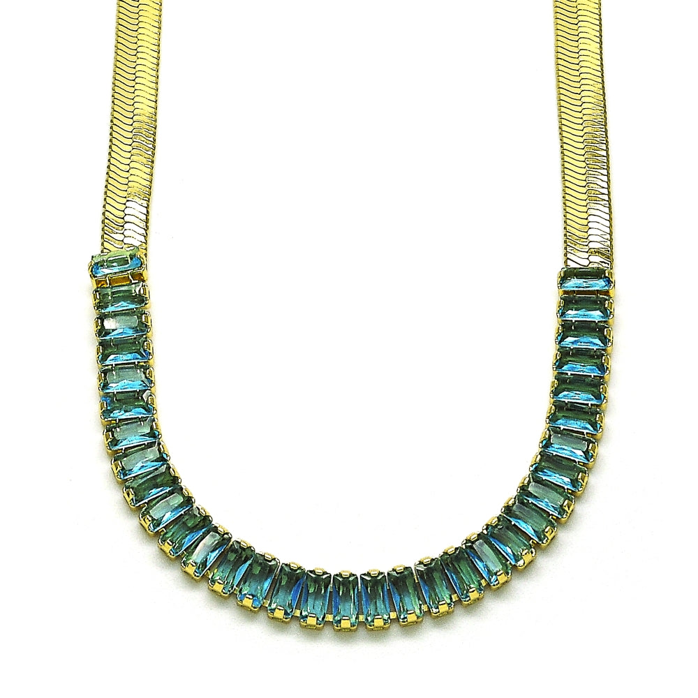 Oro Laminado Fancy Necklace, Gold Filled Style Baguette Design, with Aqua Blue Cubic Zirconia, Polished, Golden Finish