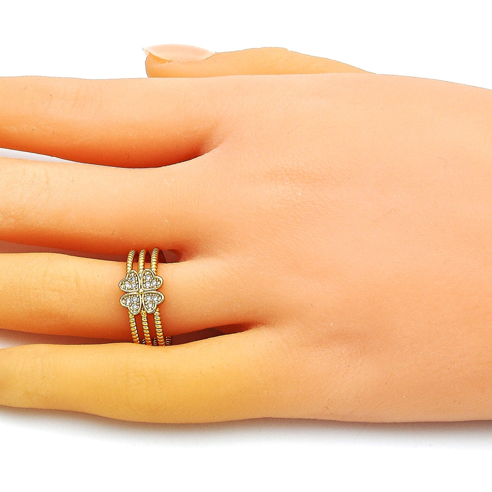 Oro Laminado Multi Stone Ring, Gold Filled Style Four-leaf Clover Design, with White Micro Pave, Polished, Golden Finish