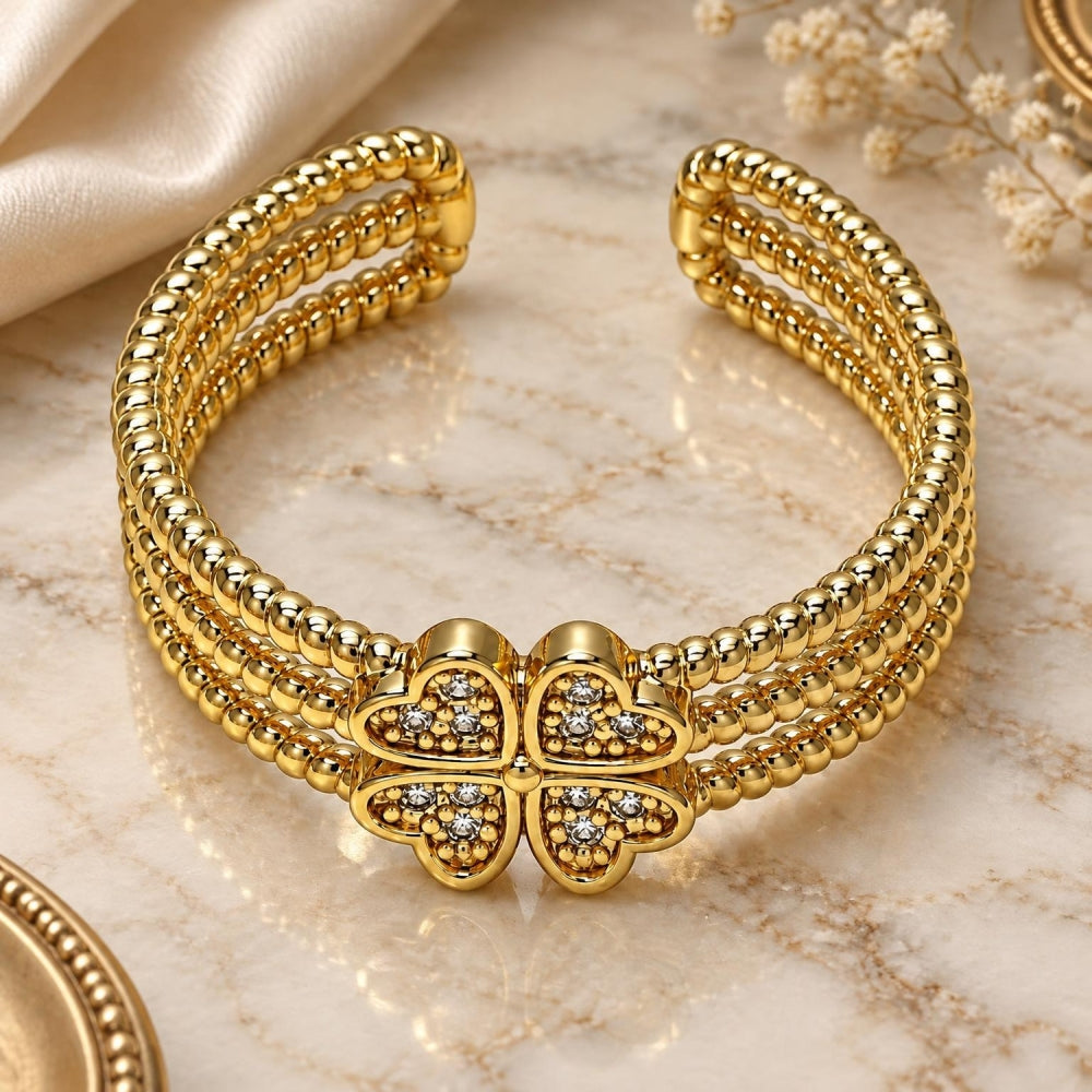 Oro Laminado Multi Stone Ring, Gold Filled Style Four-leaf Clover Design, with White Micro Pave, Polished, Golden Finish