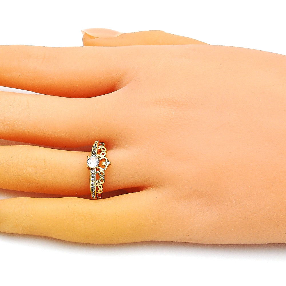 Oro Laminado Multi Stone Ring, Gold Filled Style Crown Design, with White Micro Pave, Polished, Golden Finish