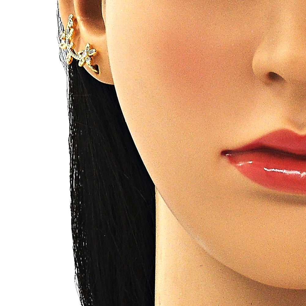 Oro Laminado Earcuff, Gold Filled Style Flower Design, with Multicolor Micro Pave and White Cubic Zirconia, Polished, Golden Finish