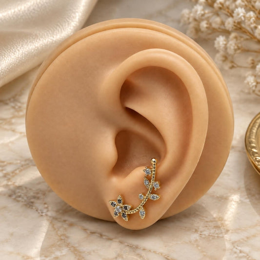 Oro Laminado Earcuff, Gold Filled Style Flower Design, with Multicolor Micro Pave and White Cubic Zirconia, Polished, Golden Finish