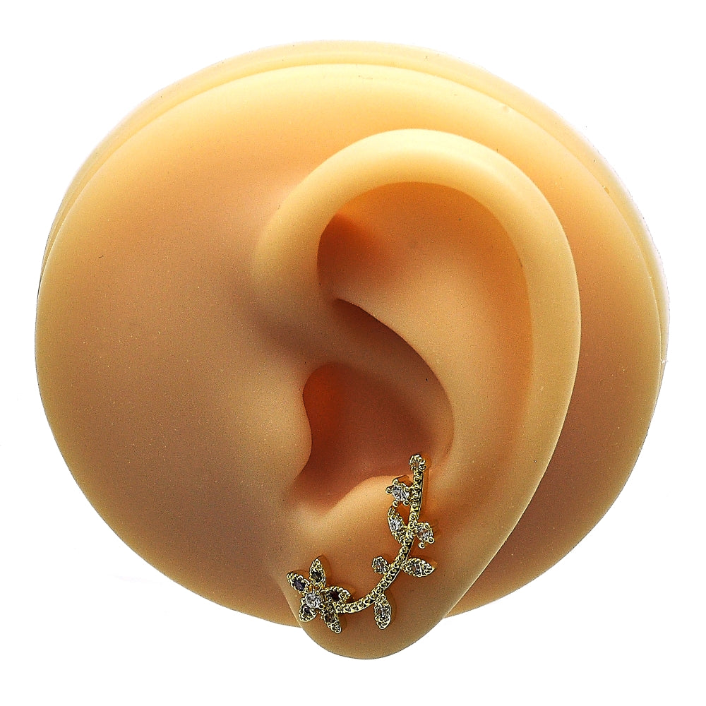 Oro Laminado Earcuff, Gold Filled Style Flower Design, with Multicolor Micro Pave and White Cubic Zirconia, Polished, Golden Finish