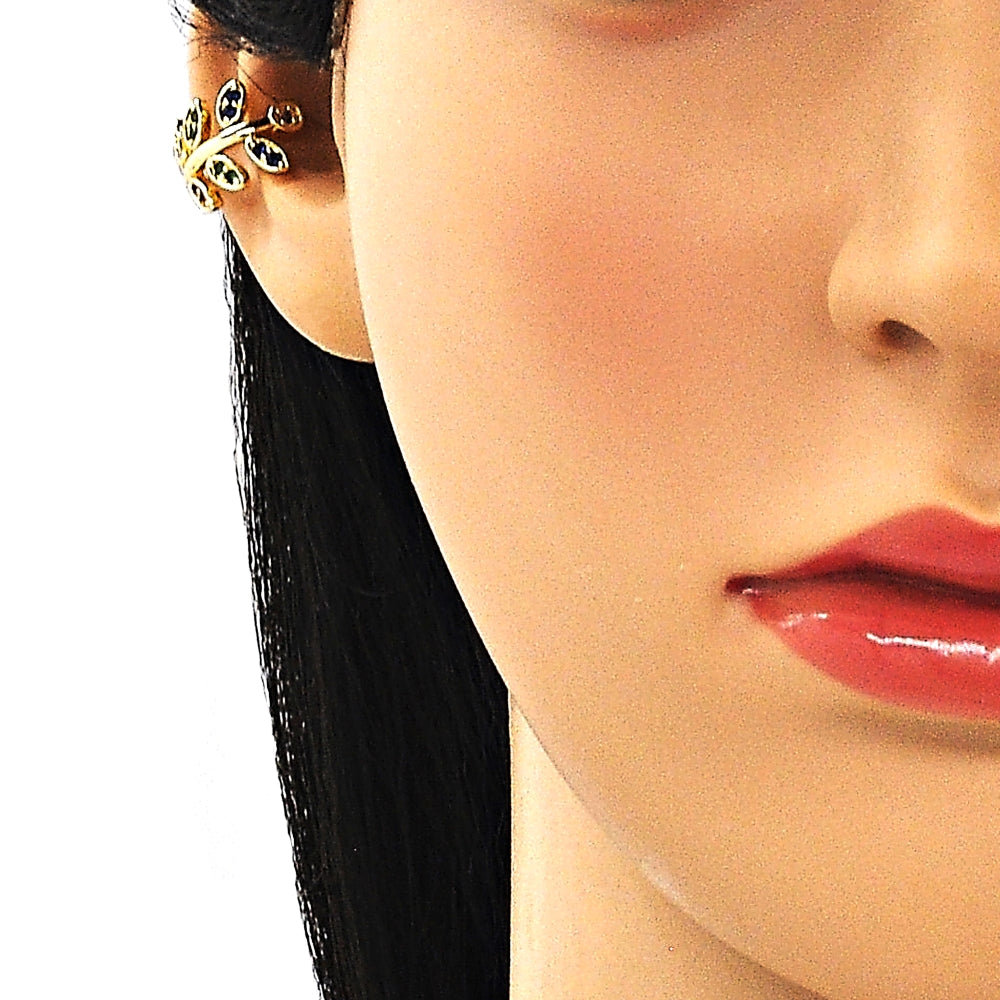 Oro Laminado Earcuff, Gold Filled Style Leaf Design, with White Micro Pave, Polished, Golden Finish