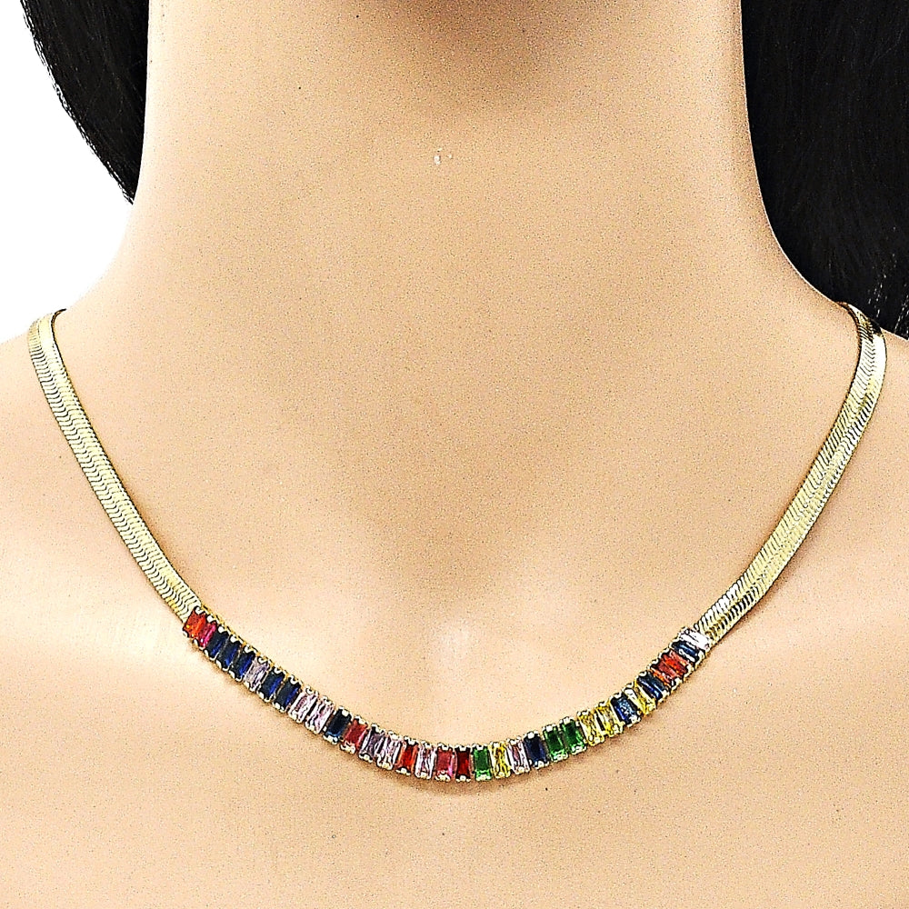 Oro Laminado Fancy Necklace, Gold Filled Style Baguette Design, with Multicolor Cubic Zirconia, Polished, Golden Finish